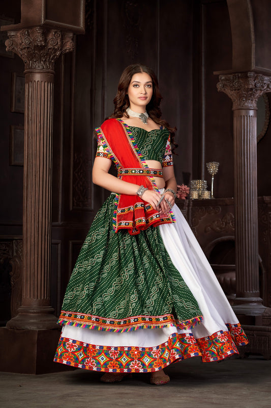 White Navratri Chaniya Choli in Cotton Silk With Thread and Mirror Work