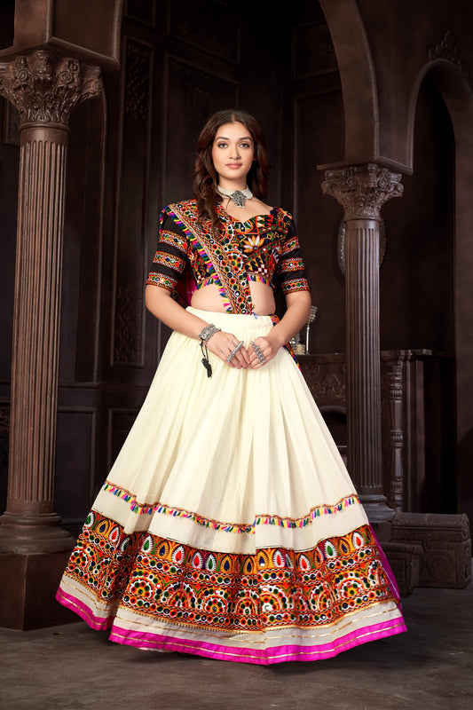 Off White Navaratri Chaniya Choli in Georgette With Thread and Real Mirror Work