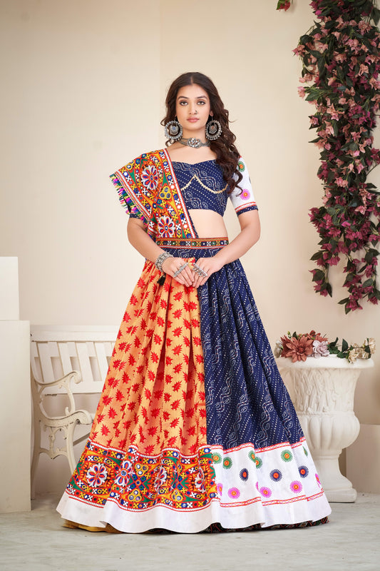 Blue Navratri Chaniya Choli in Cotton Silk With Thread and Mirror Work