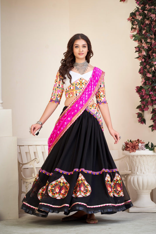 Black Navratri Ghaghara in Georgette With Thread and Mirror Work White Choli