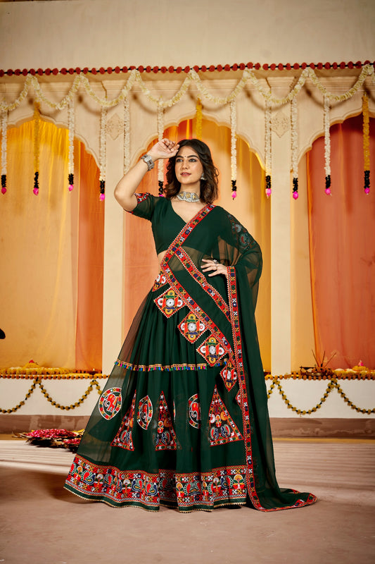 Green Faux Georgette Embroidered Kutch Work Chaniya Choli Festive Wear
