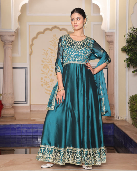 Teal Green Satin Silk Embroidered Anarkali Suit