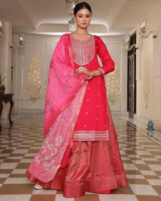Pink Crepe Embroidered Sequins With Jacquard Long Choli Lehenga Stunning Wear Festive Wear