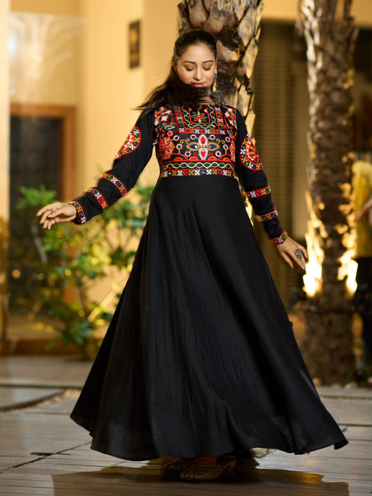 Black Gown in Rayon With Gamthi Work and Real Mirror Garba Dress